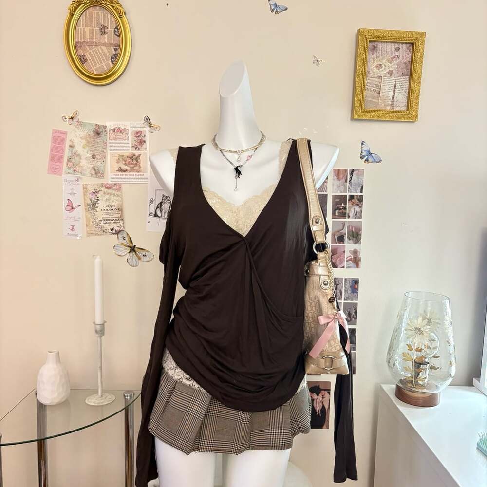 Venus Brown Cold Shoulder Wrap Top Womens L Draped Off Shoulder Long Sleeve Y2K